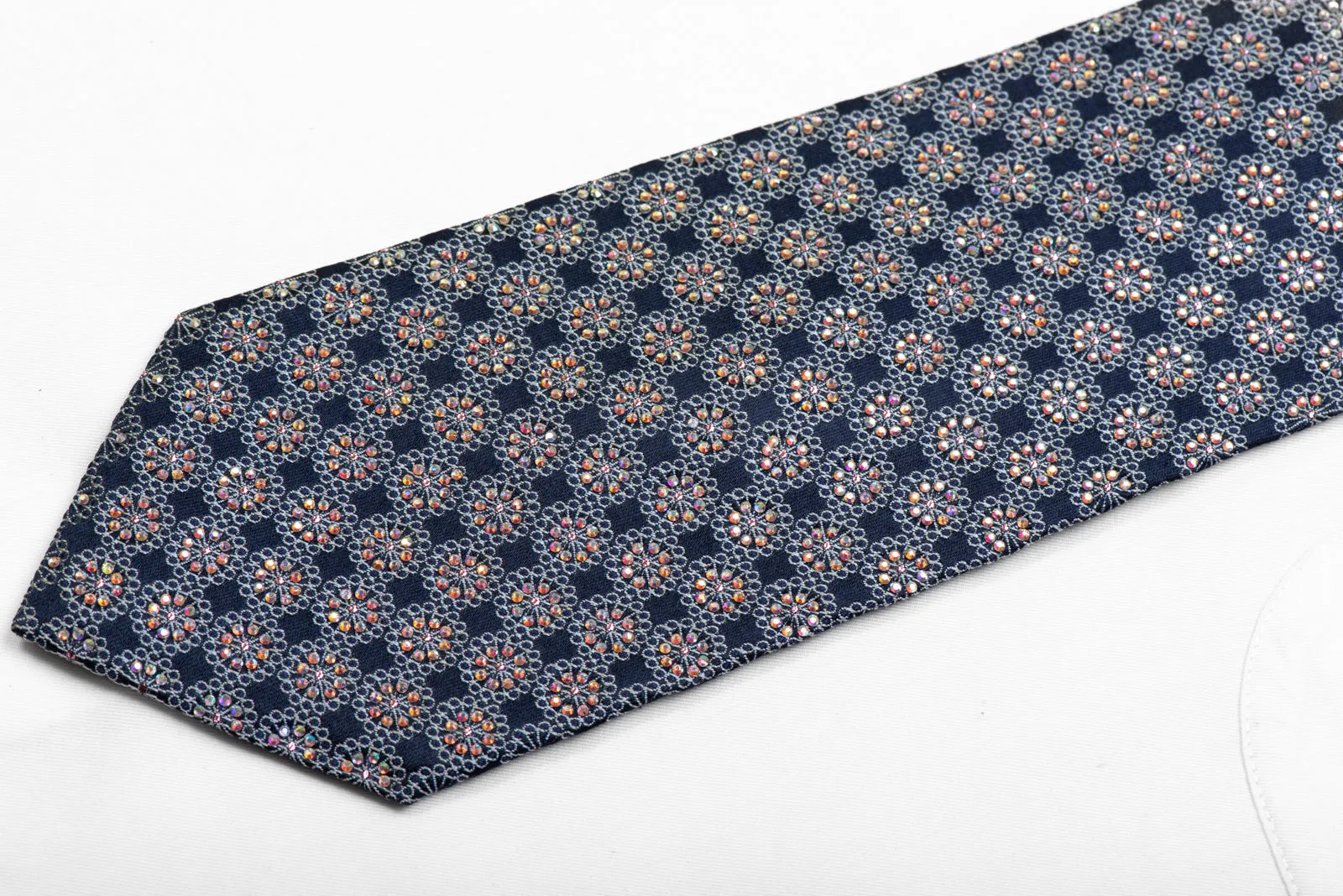 Sparkling Rhinestone Silk Necktie Silver Ornate On Navy With Sparkles
