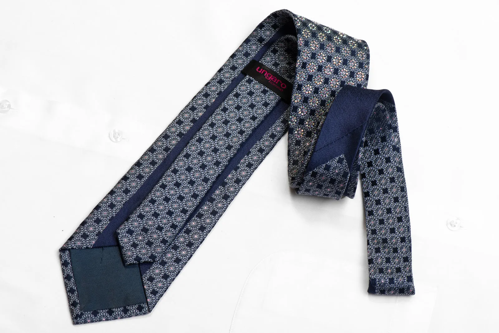 Sparkling Rhinestone Silk Necktie Silver Ornate On Navy With Sparkles