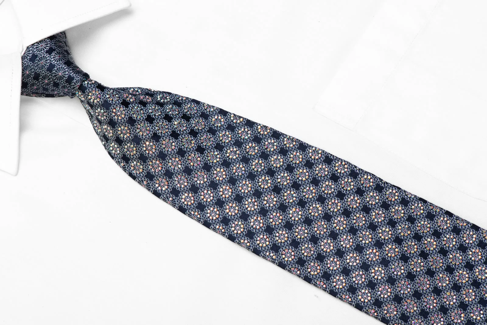 Sparkling Rhinestone Silk Necktie Silver Ornate On Navy With Sparkles