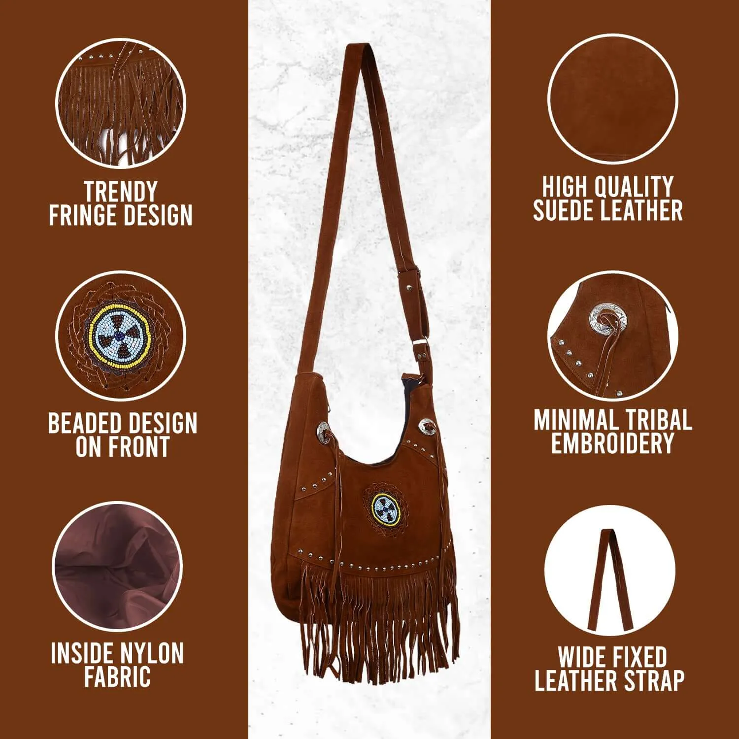 Suede Leather Fringe Purse Crossbody for Women with Beaded Medallion and Adjustable Strap