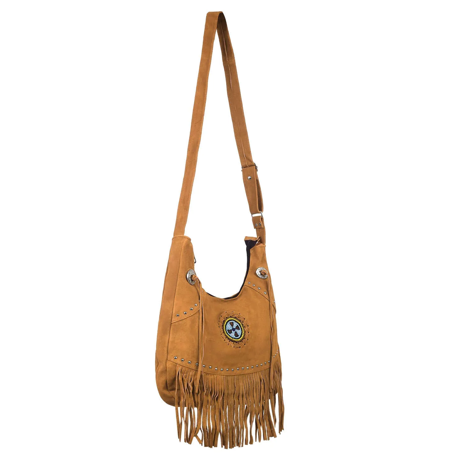 Suede Leather Fringe Purse Crossbody for Women with Beaded Medallion and Adjustable Strap