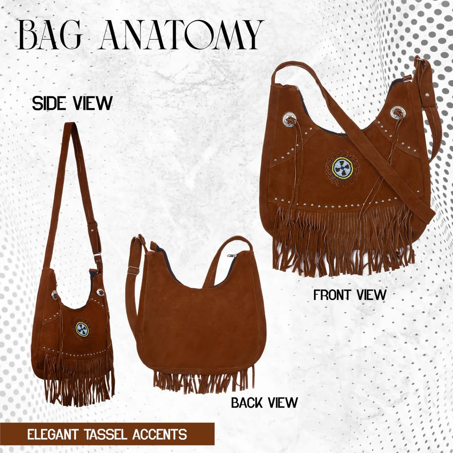 Suede Leather Fringe Purse Crossbody for Women with Beaded Medallion and Adjustable Strap