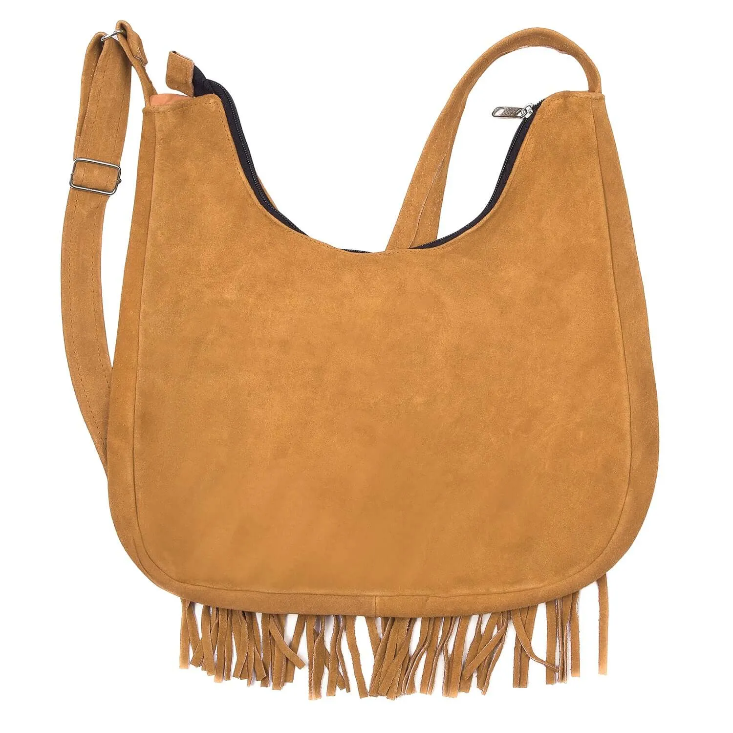 Suede Leather Fringe Purse Crossbody for Women with Beaded Medallion and Adjustable Strap