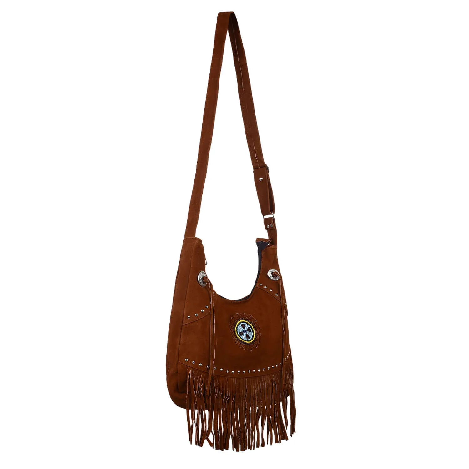 Suede Leather Fringe Purse Crossbody for Women with Beaded Medallion and Adjustable Strap