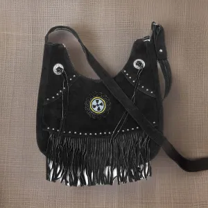 Suede Leather Fringe Purse Crossbody for Women with Beaded Medallion and Adjustable Strap