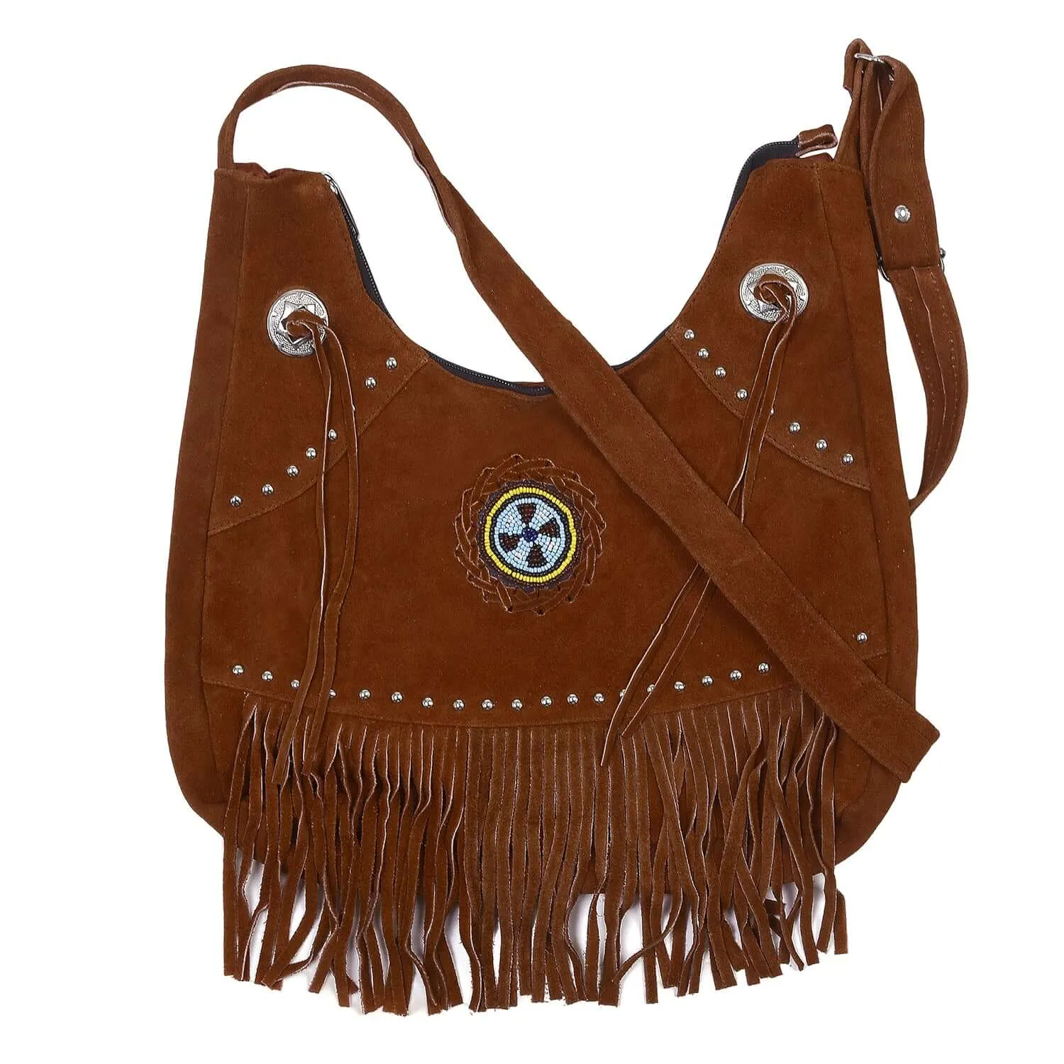 Suede Leather Fringe Purse Crossbody for Women with Beaded Medallion and Adjustable Strap