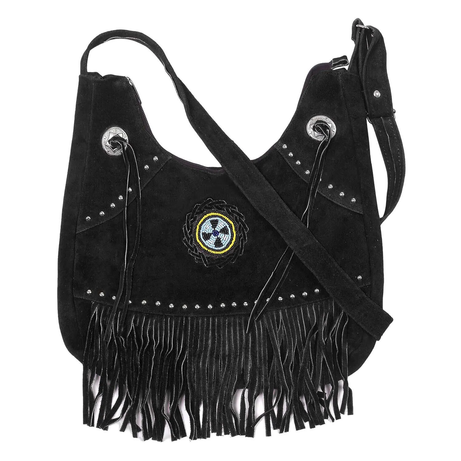 Suede Leather Fringe Purse Crossbody for Women with Beaded Medallion and Adjustable Strap