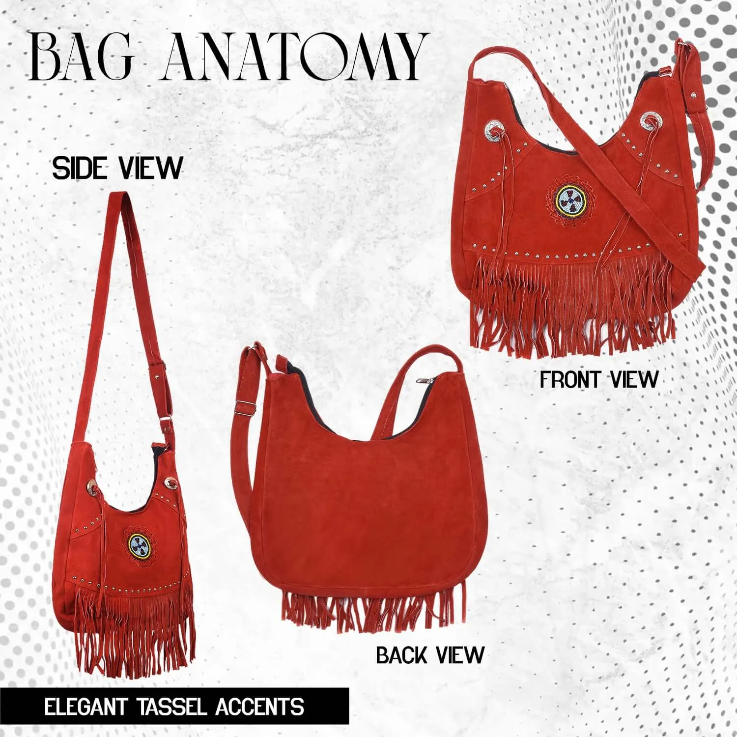 Suede Leather Fringe Purse Crossbody for Women with Beaded Medallion and Adjustable Strap