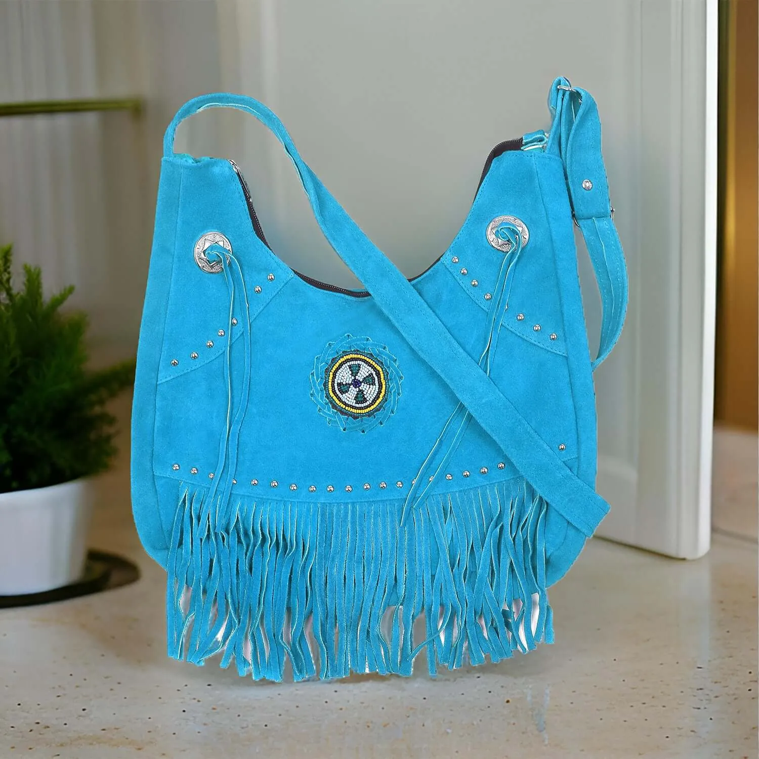 Suede Leather Fringe Purse Crossbody for Women with Beaded Medallion and Adjustable Strap