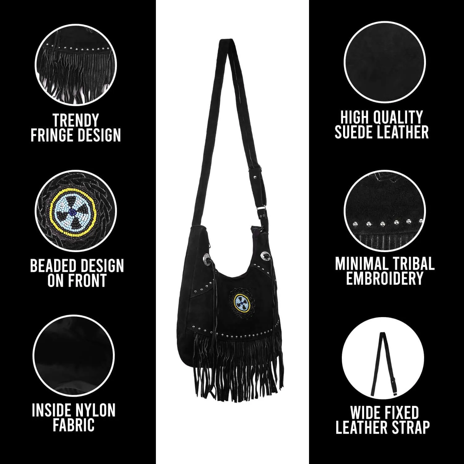 Suede Leather Fringe Purse Crossbody for Women with Beaded Medallion and Adjustable Strap