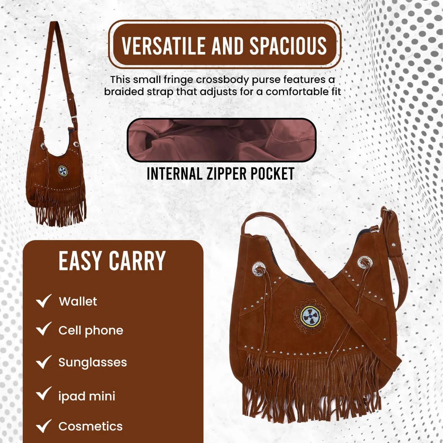 Suede Leather Fringe Purse Crossbody for Women with Beaded Medallion and Adjustable Strap
