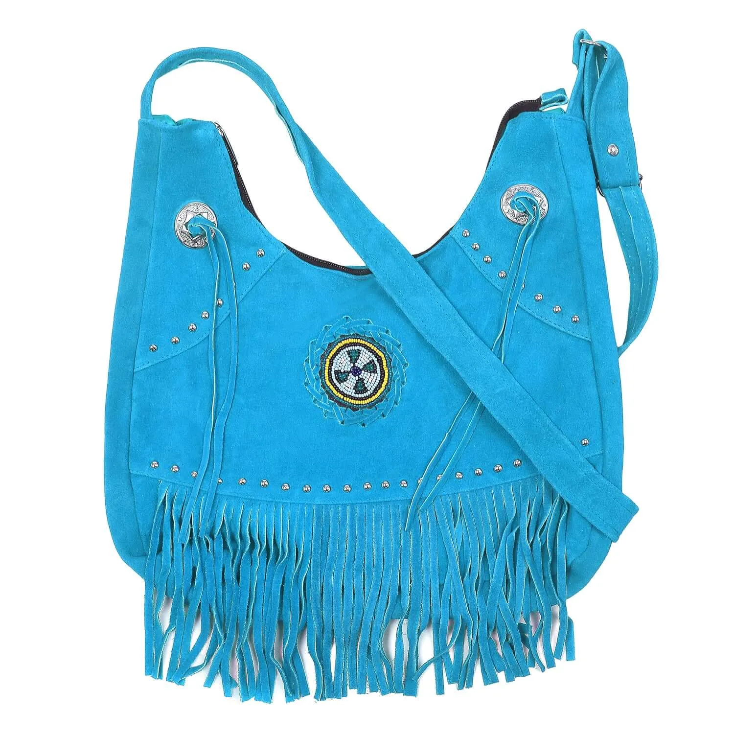 Suede Leather Fringe Purse Crossbody for Women with Beaded Medallion and Adjustable Strap