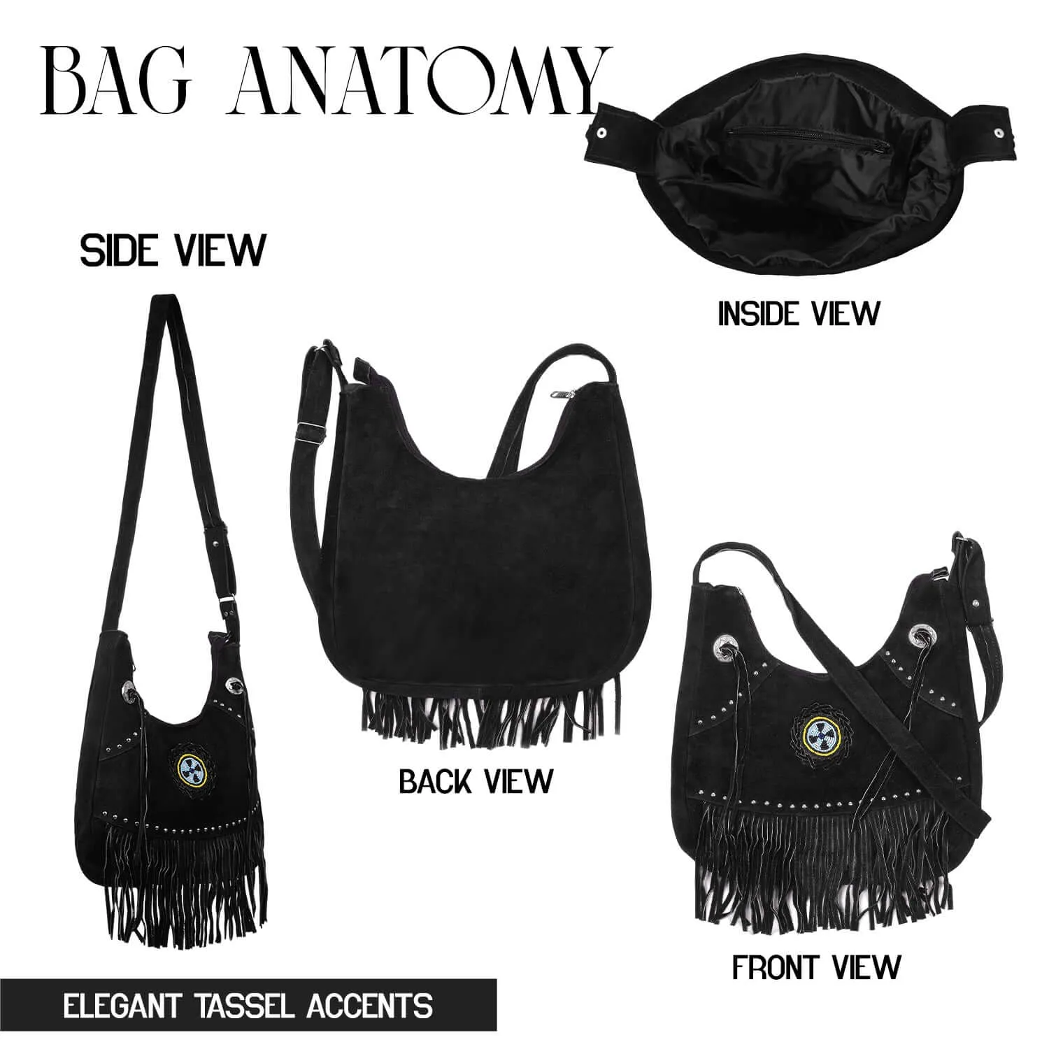 Suede Leather Fringe Purse Crossbody for Women with Beaded Medallion and Adjustable Strap