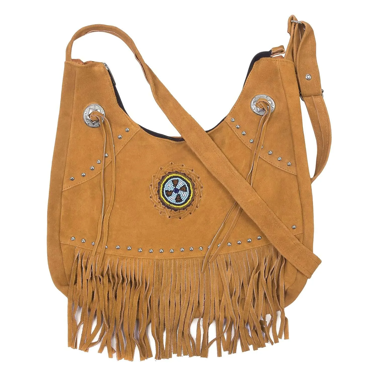 Suede Leather Fringe Purse Crossbody for Women with Beaded Medallion and Adjustable Strap