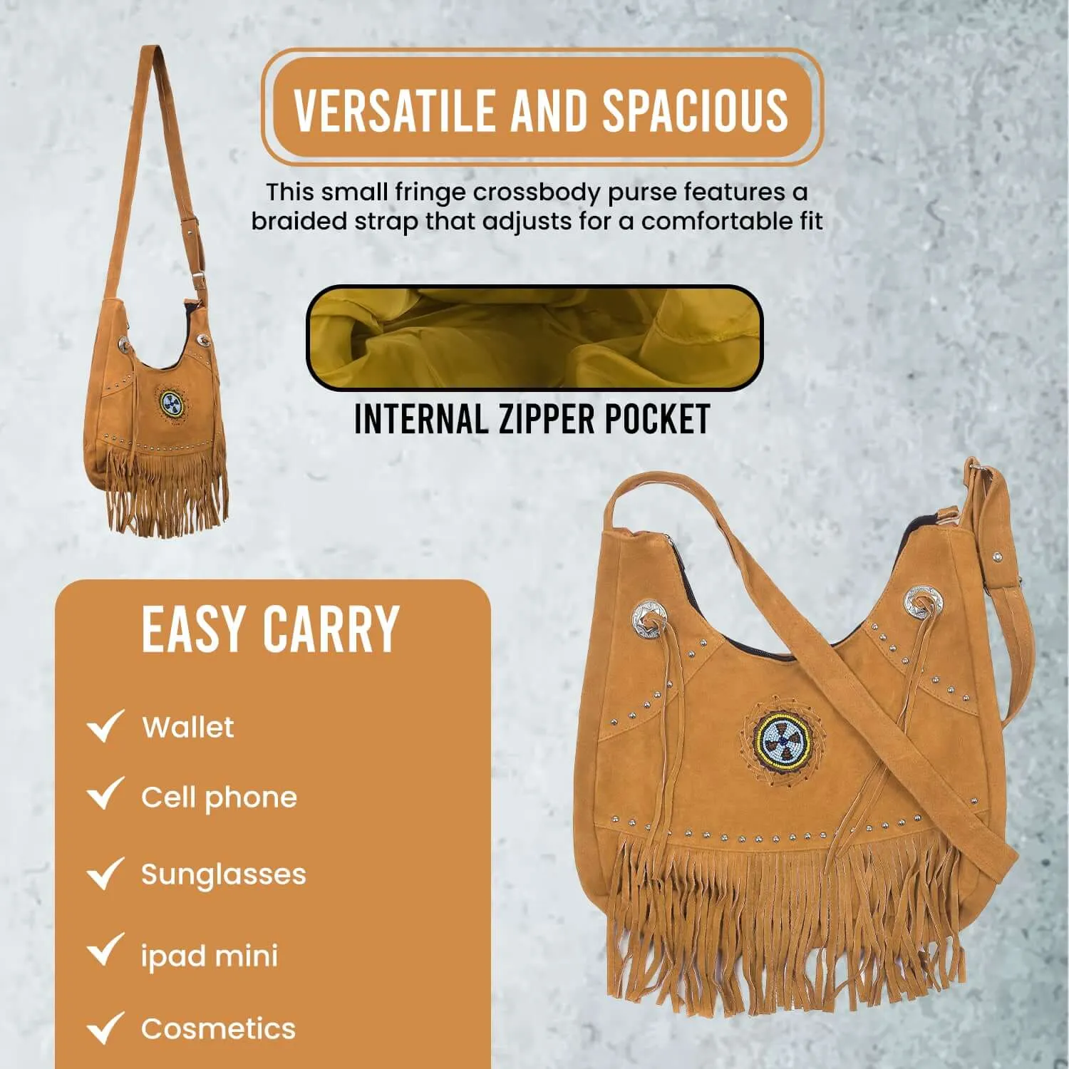 Suede Leather Fringe Purse Crossbody for Women with Beaded Medallion and Adjustable Strap