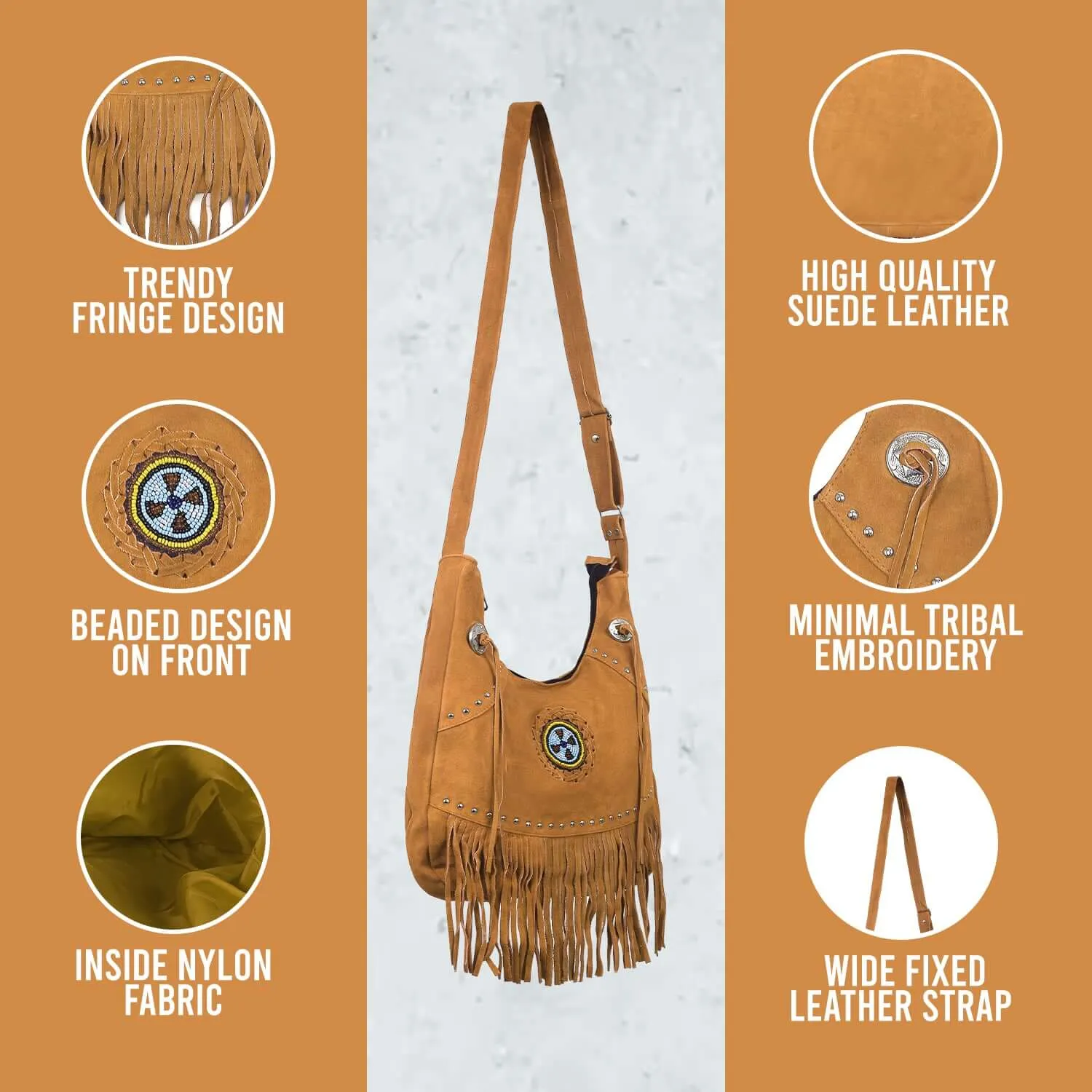 Suede Leather Fringe Purse Crossbody for Women with Beaded Medallion and Adjustable Strap