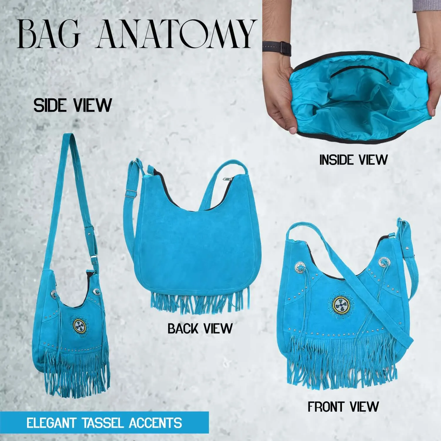Suede Leather Fringe Purse Crossbody for Women with Beaded Medallion and Adjustable Strap