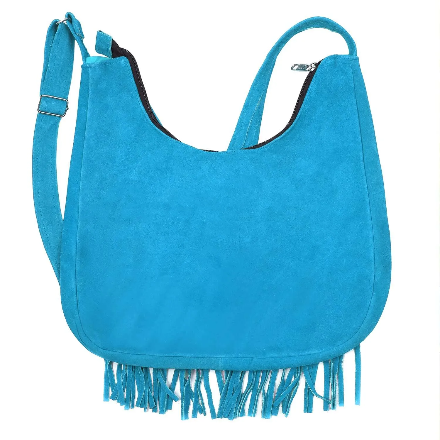 Suede Leather Fringe Purse Crossbody for Women with Beaded Medallion and Adjustable Strap
