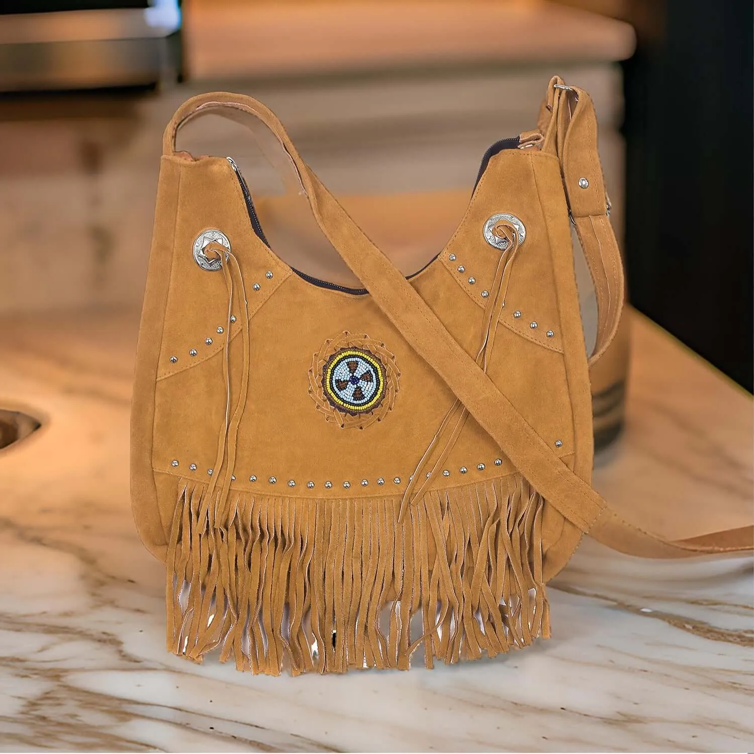 Suede Leather Fringe Purse Crossbody for Women with Beaded Medallion and Adjustable Strap