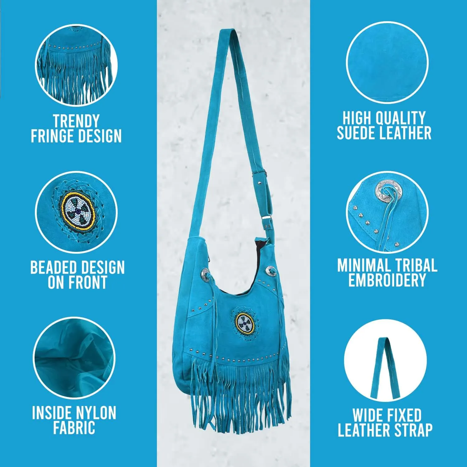 Suede Leather Fringe Purse Crossbody for Women with Beaded Medallion and Adjustable Strap