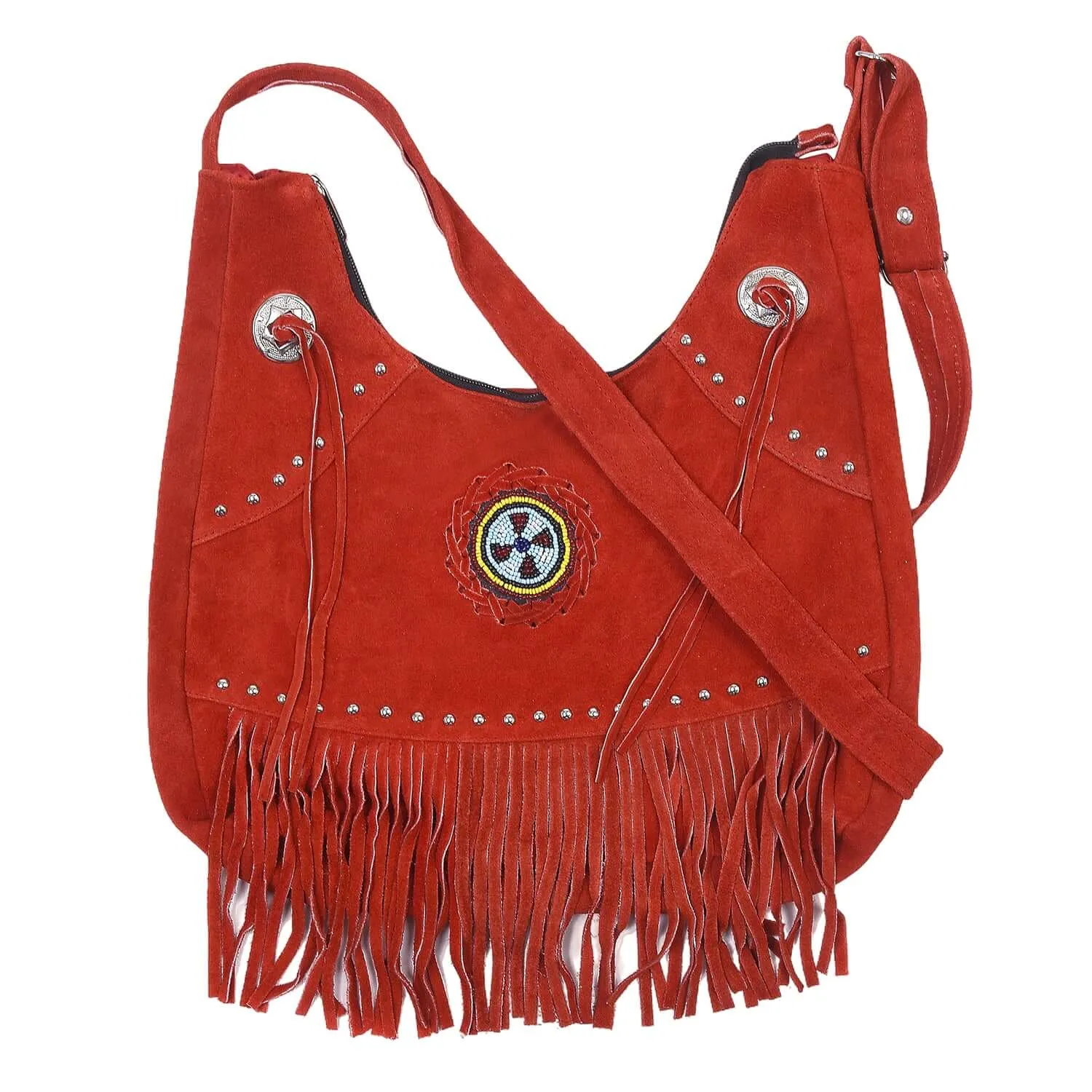 Suede Leather Fringe Purse Crossbody for Women with Beaded Medallion and Adjustable Strap