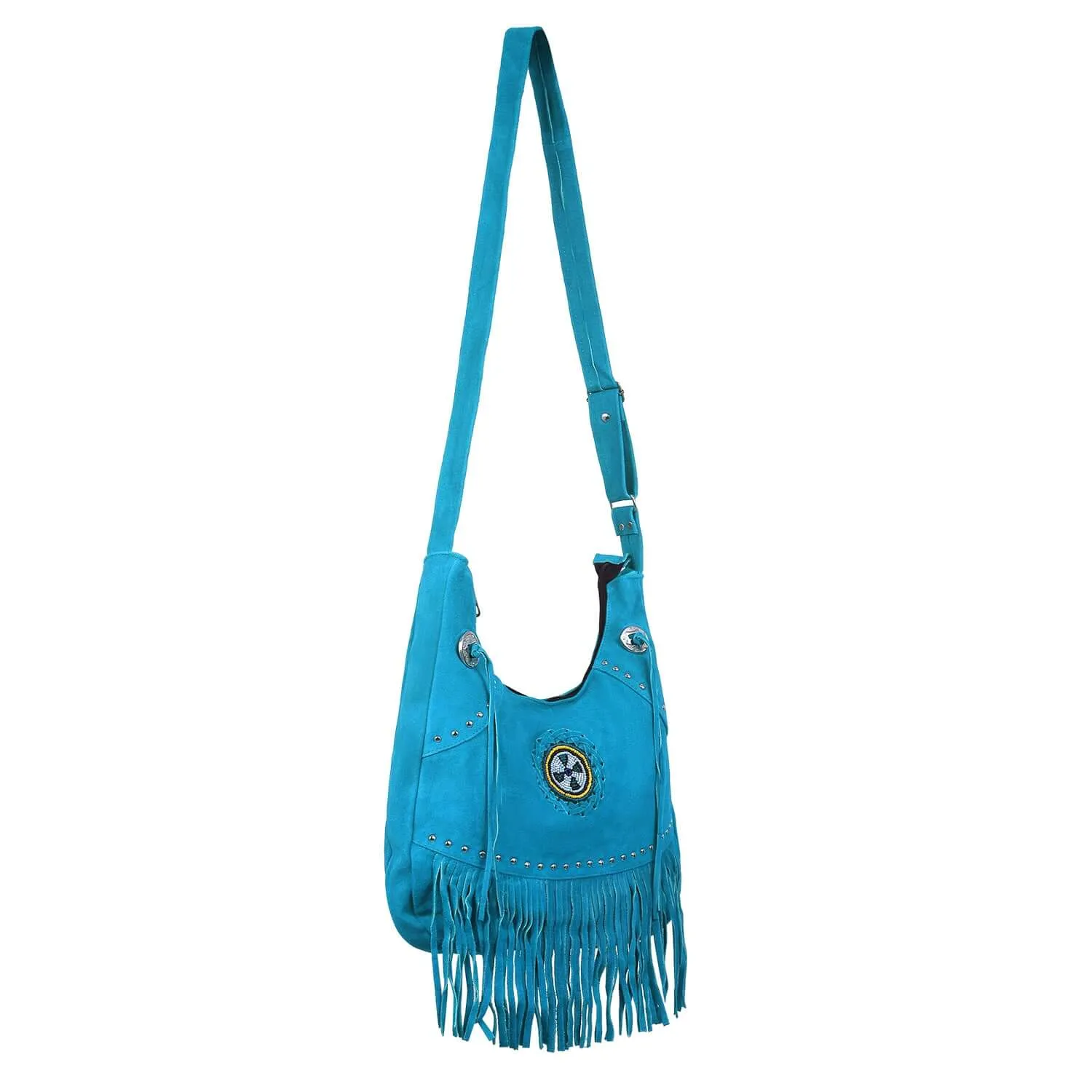 Suede Leather Fringe Purse Crossbody for Women with Beaded Medallion and Adjustable Strap