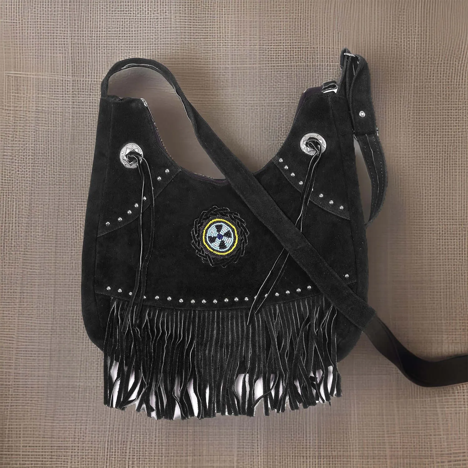 Suede Leather Fringe Purse Crossbody for Women with Beaded Medallion and Adjustable Strap