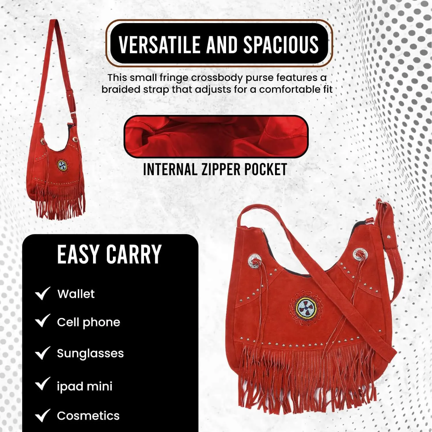 Suede Leather Fringe Purse Crossbody for Women with Beaded Medallion and Adjustable Strap