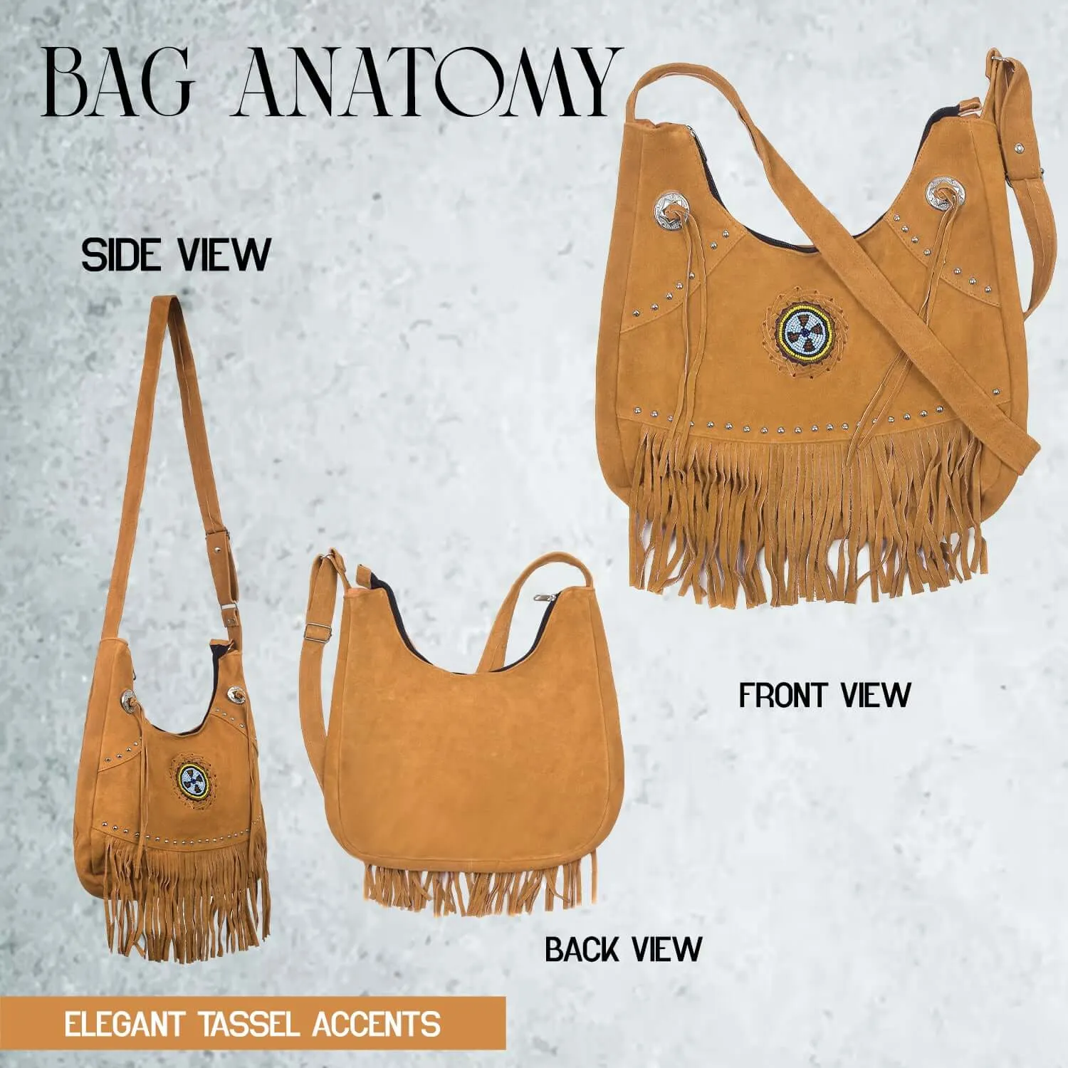 Suede Leather Fringe Purse Crossbody for Women with Beaded Medallion and Adjustable Strap