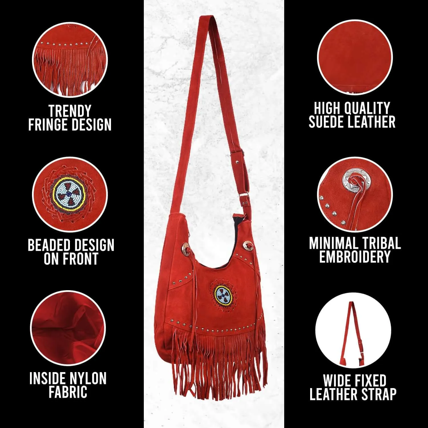 Suede Leather Fringe Purse Crossbody for Women with Beaded Medallion and Adjustable Strap