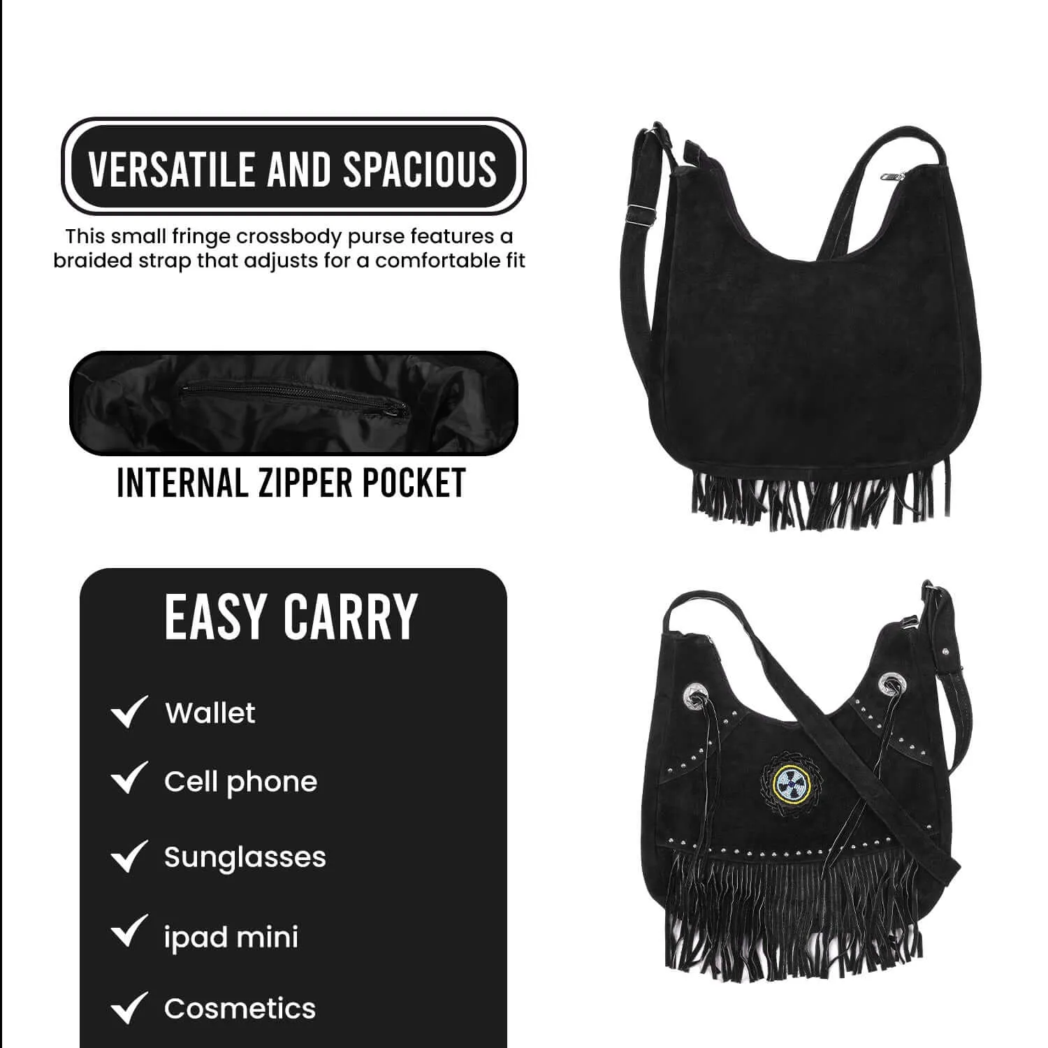 Suede Leather Fringe Purse Crossbody for Women with Beaded Medallion and Adjustable Strap