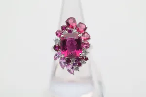 Superb Rubellite Tourmaline Diamond Platinum Sunburst Ring