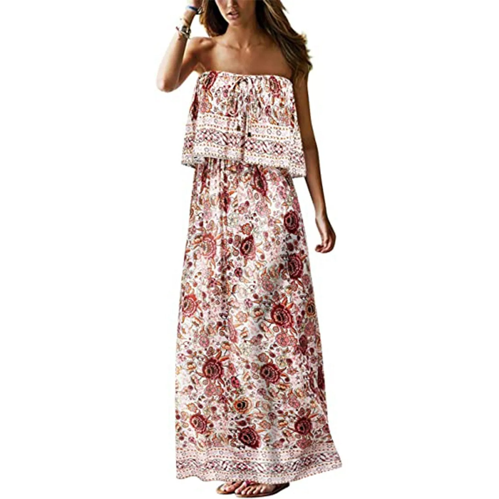 Superb Strapless Floral Design Beach or Cruise Maxi Dress
