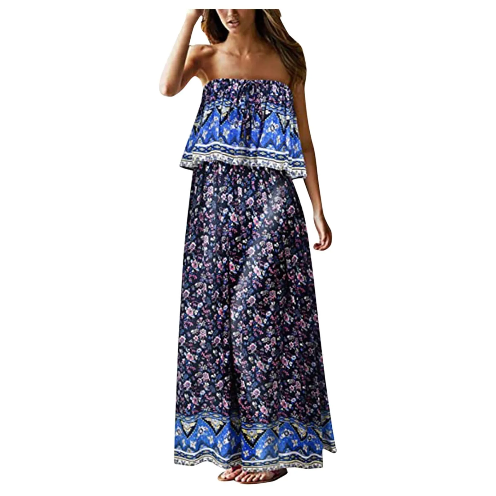 Superb Strapless Floral Design Beach or Cruise Maxi Dress