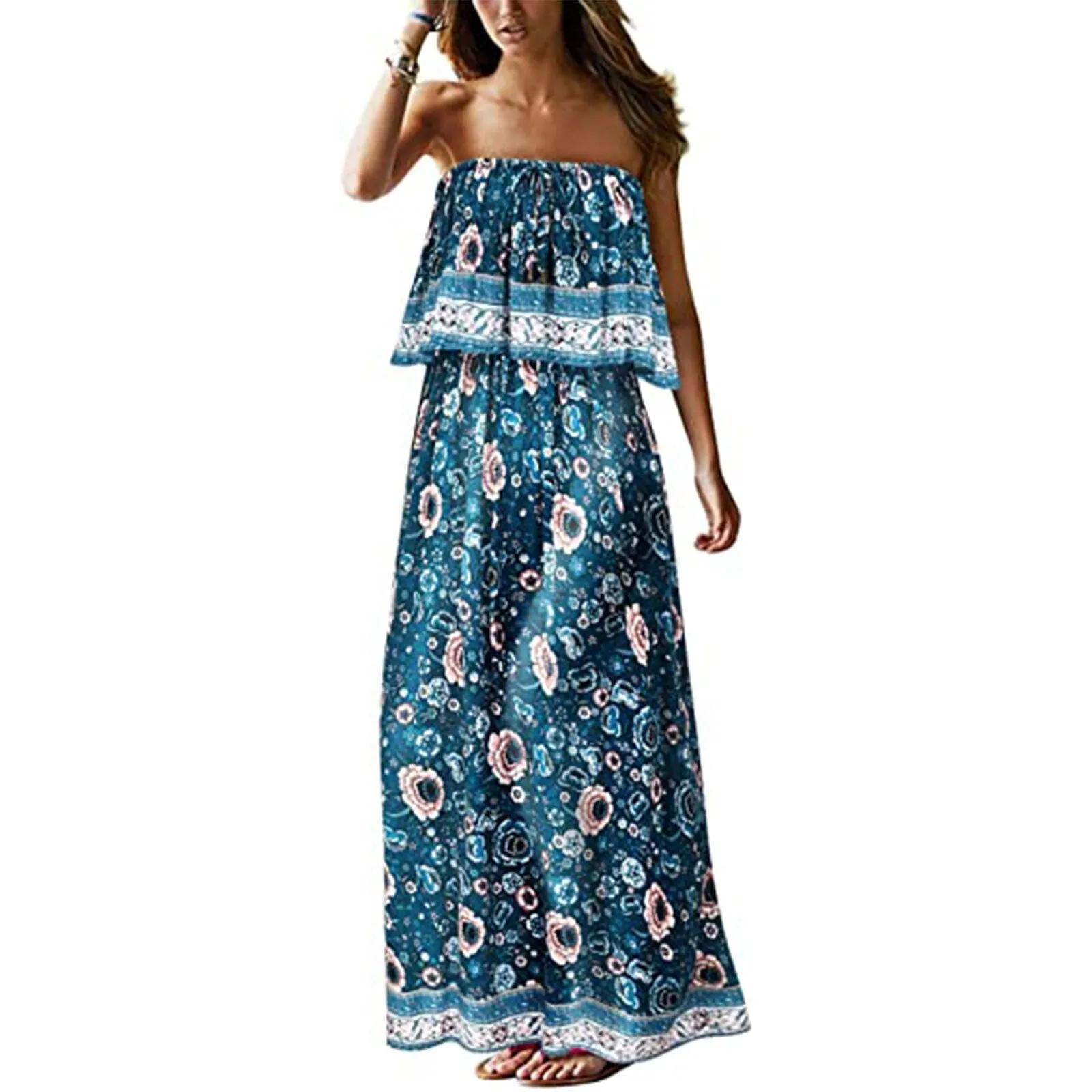 Superb Strapless Floral Design Beach or Cruise Maxi Dress