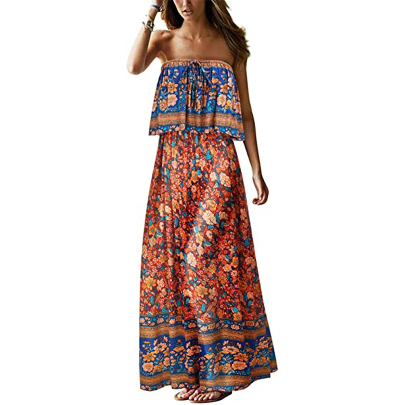 Superb Strapless Floral Design Beach or Cruise Maxi Dress