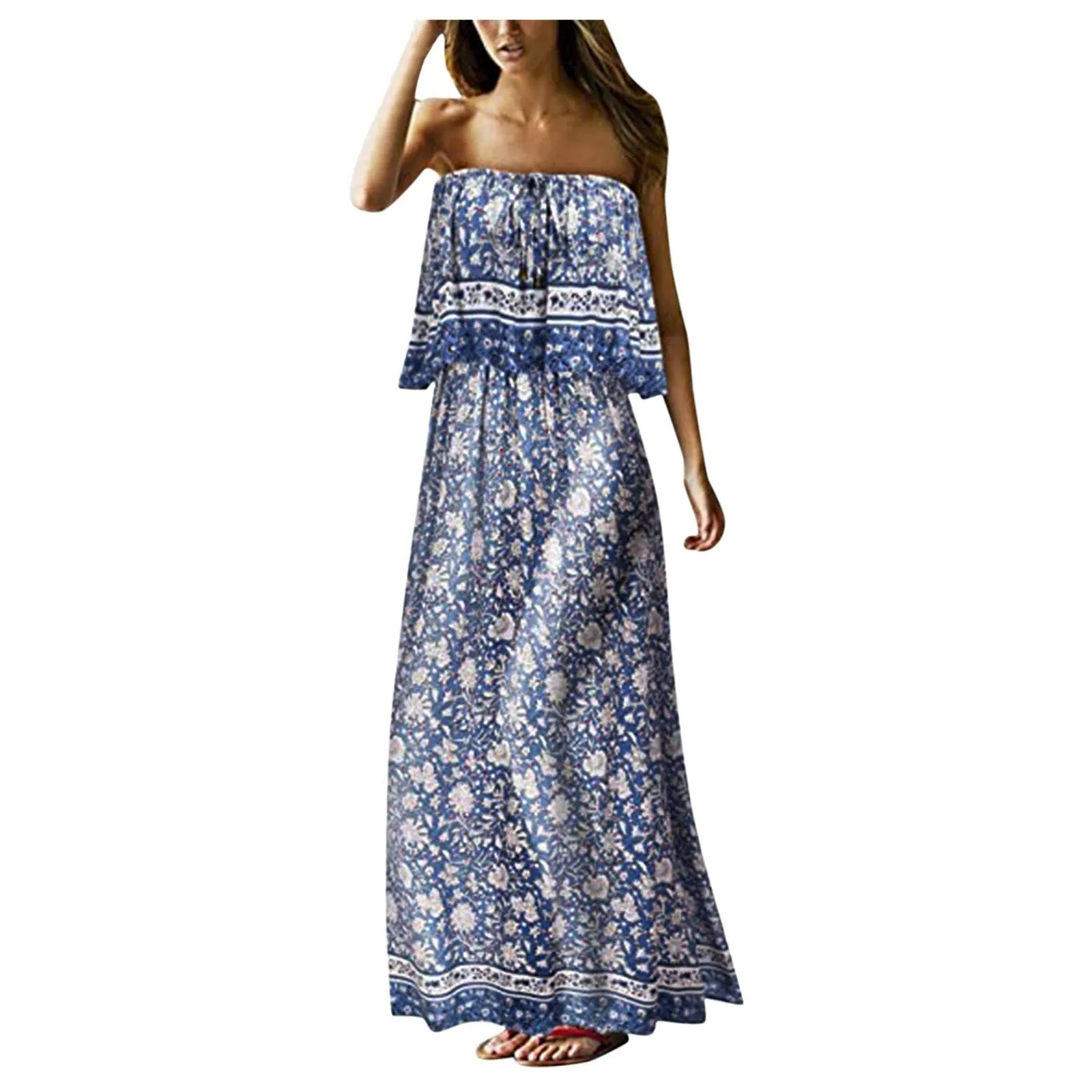Superb Strapless Floral Design Beach or Cruise Maxi Dress