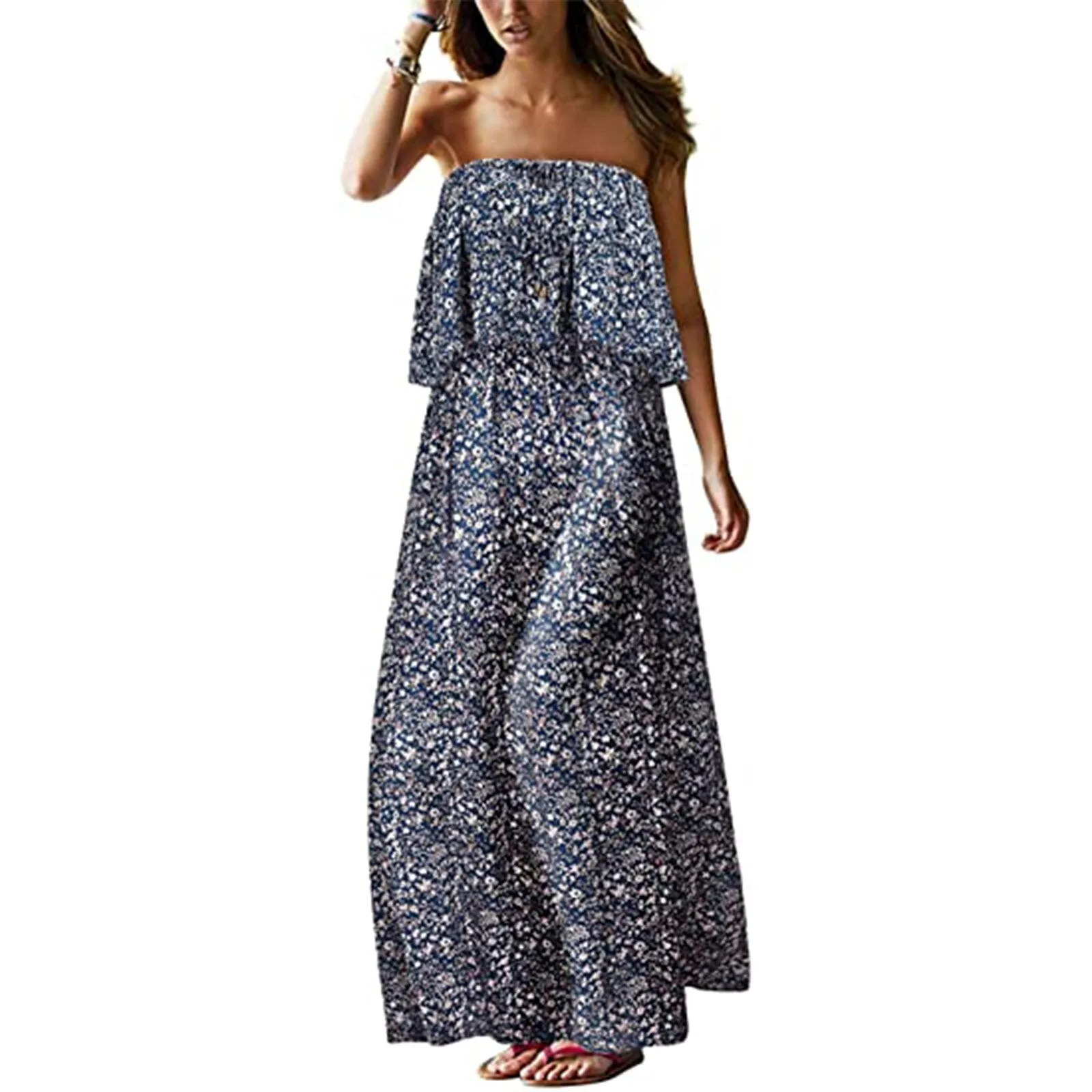 Superb Strapless Floral Design Beach or Cruise Maxi Dress