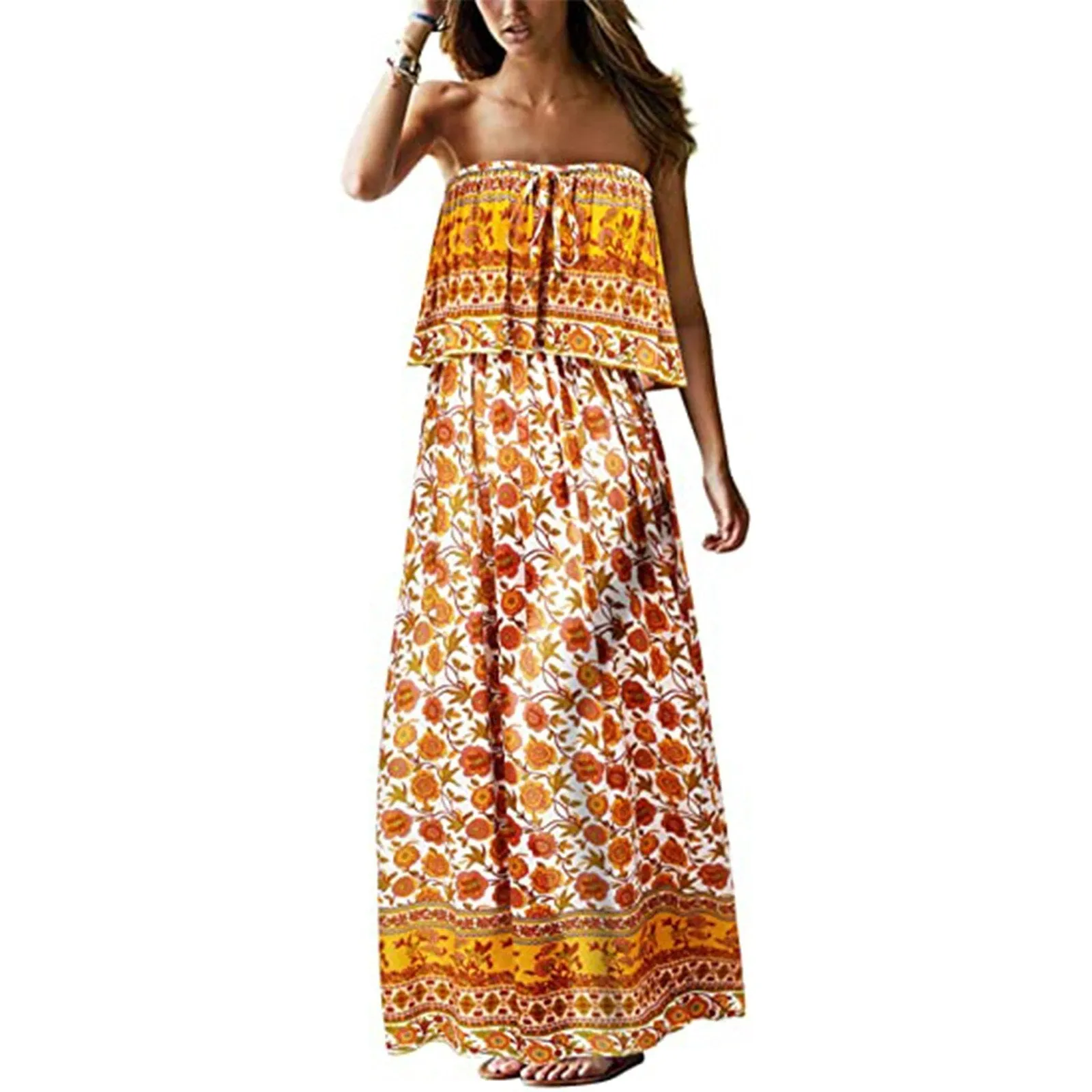 Superb Strapless Floral Design Beach or Cruise Maxi Dress