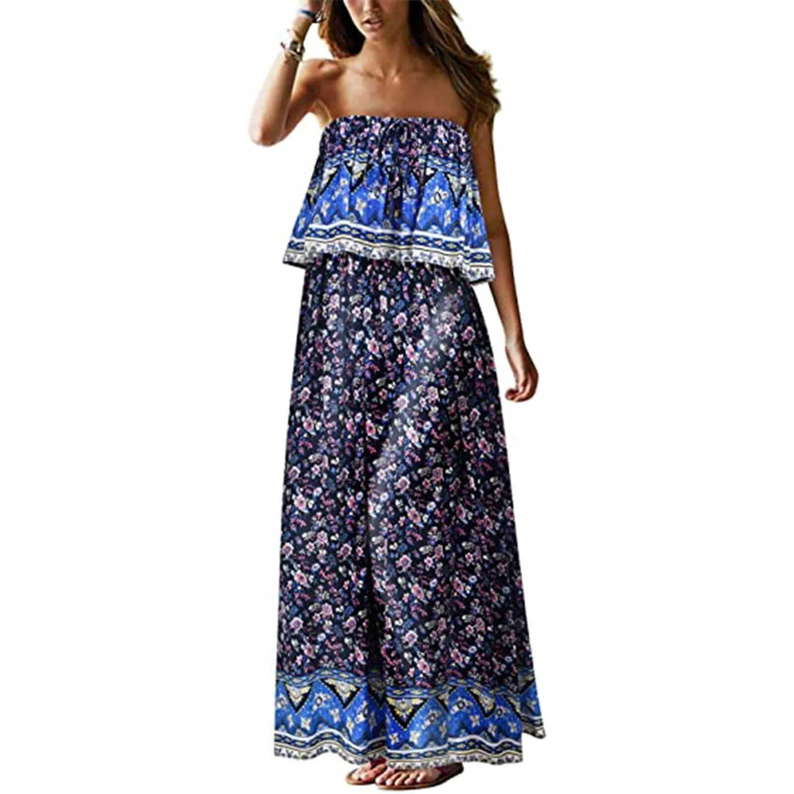 Superb Strapless Floral Design Beach or Cruise Maxi Dress