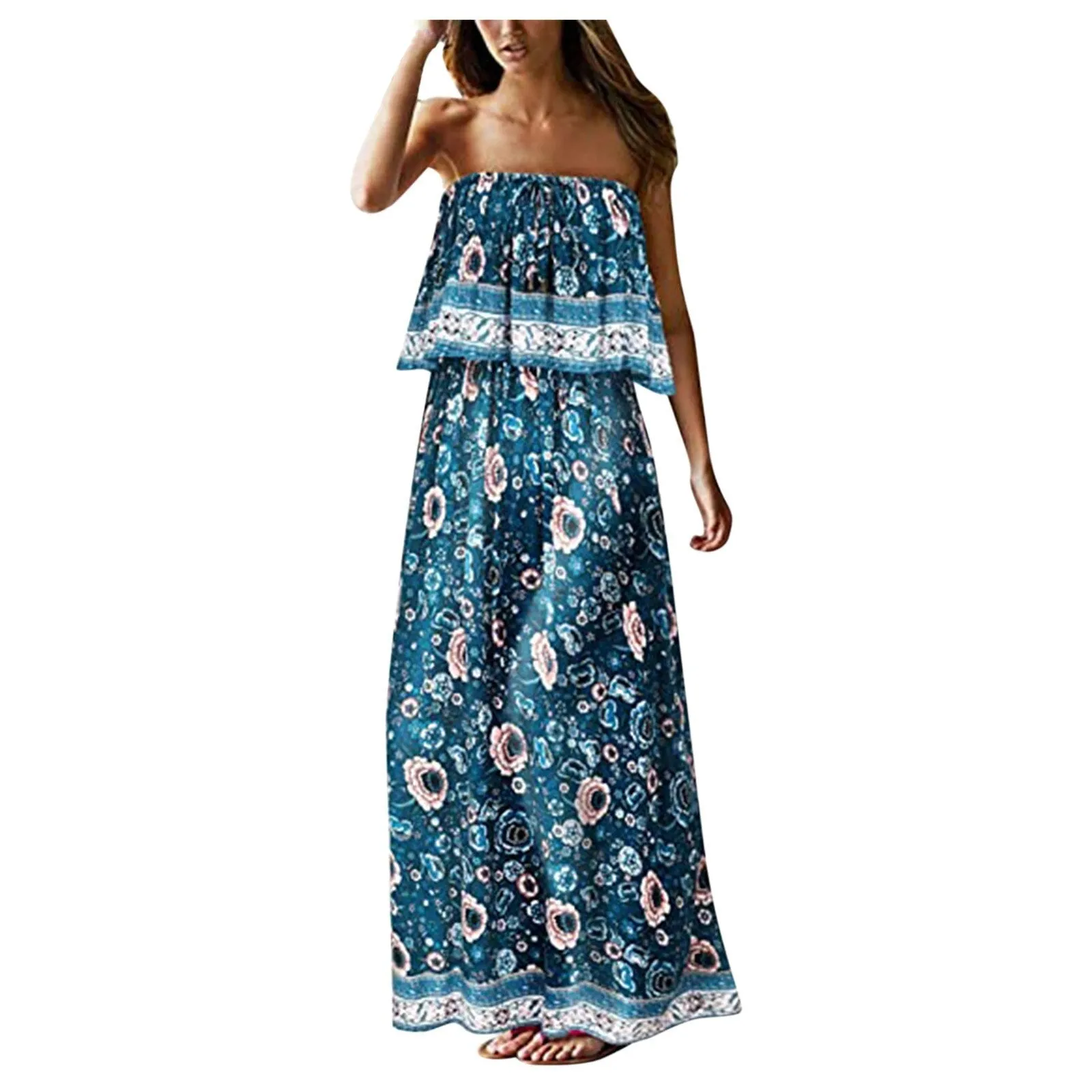 Superb Strapless Floral Design Beach or Cruise Maxi Dress