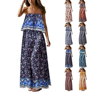 Superb Strapless Floral Design Beach or Cruise Maxi Dress