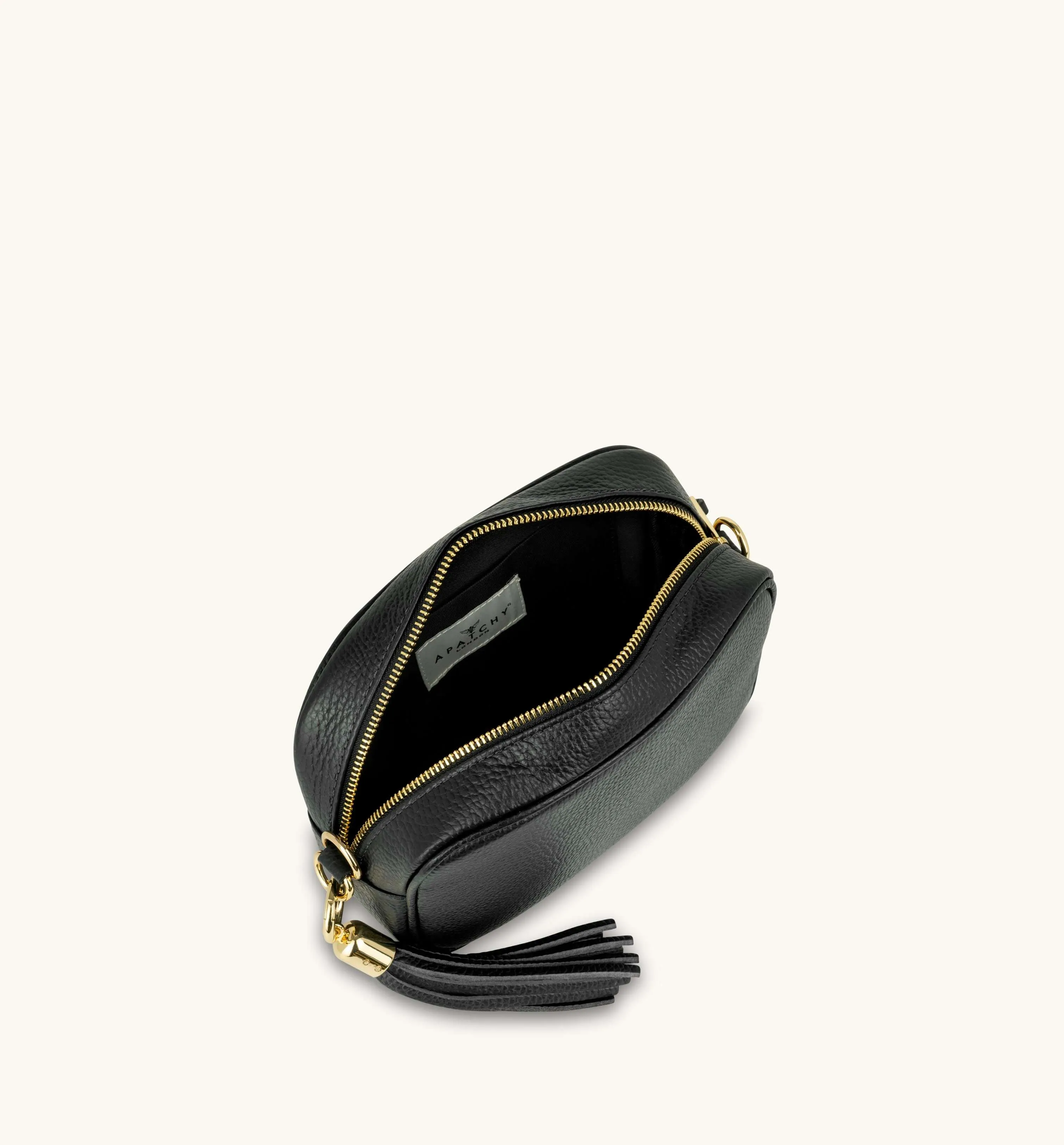 The Tassel Black Leather Crossbody Bag With Navy Leopard Strap