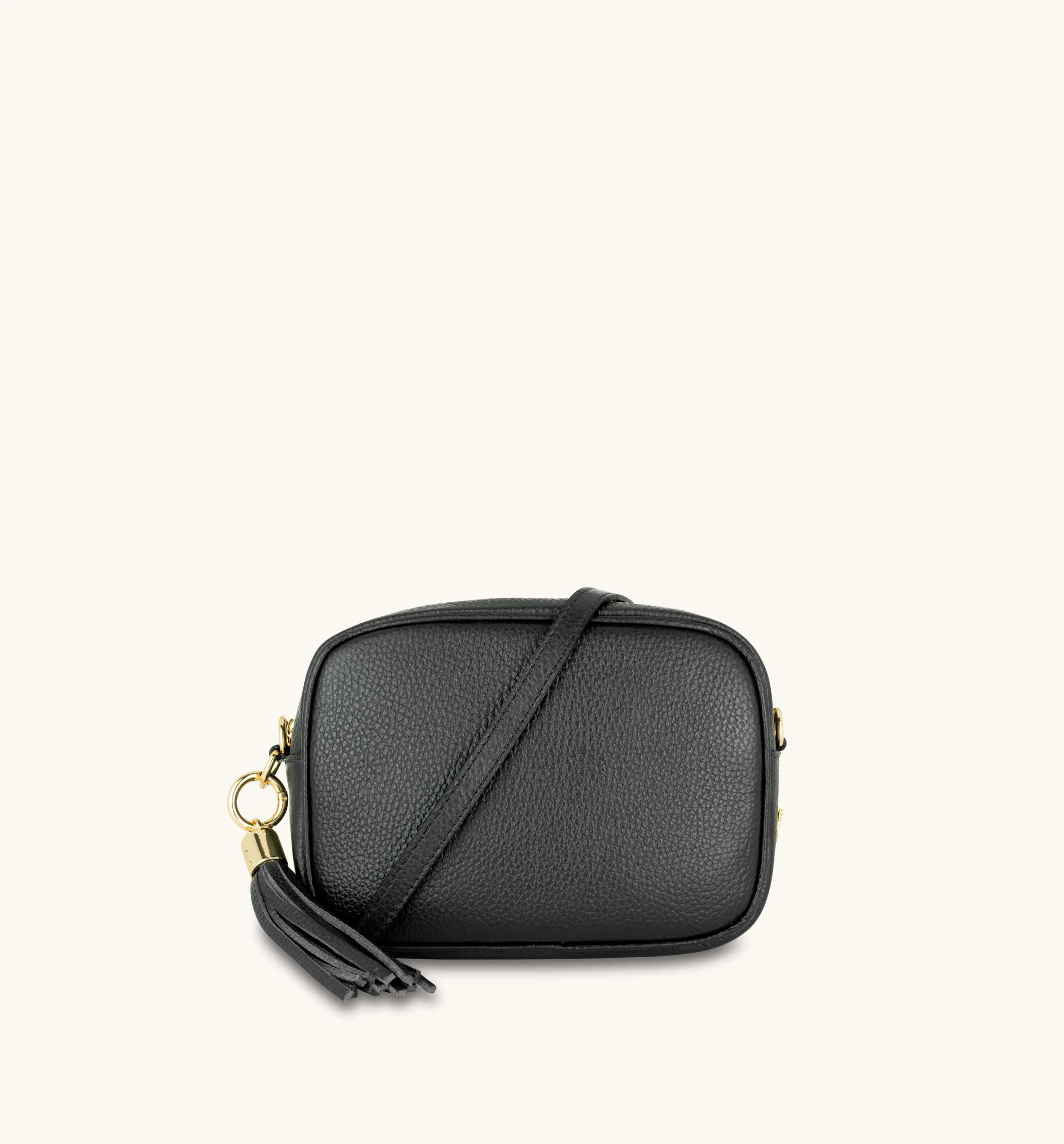The Tassel Black Leather Crossbody Bag With Navy Leopard Strap
