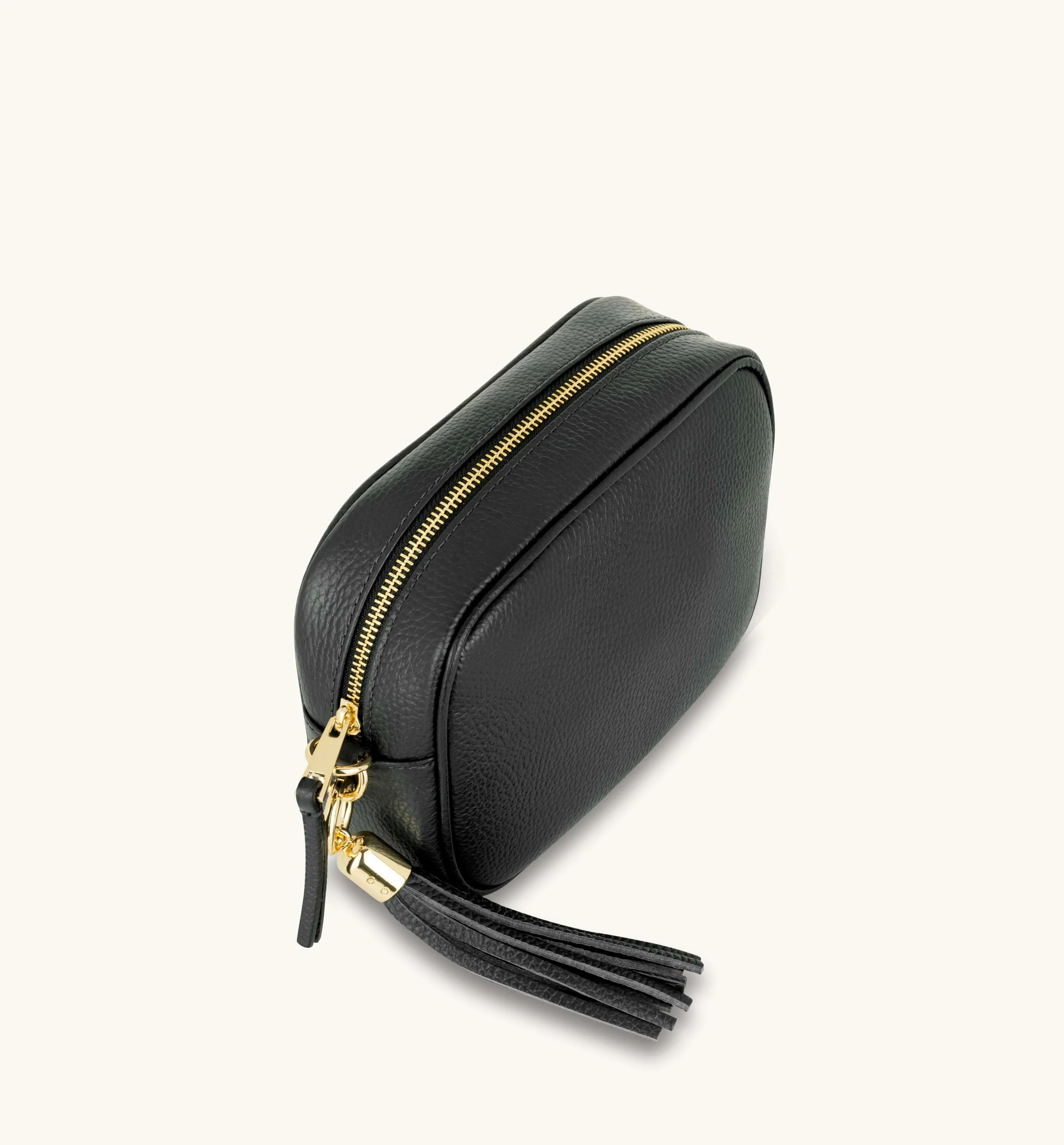 The Tassel Black Leather Crossbody Bag With Navy Leopard Strap