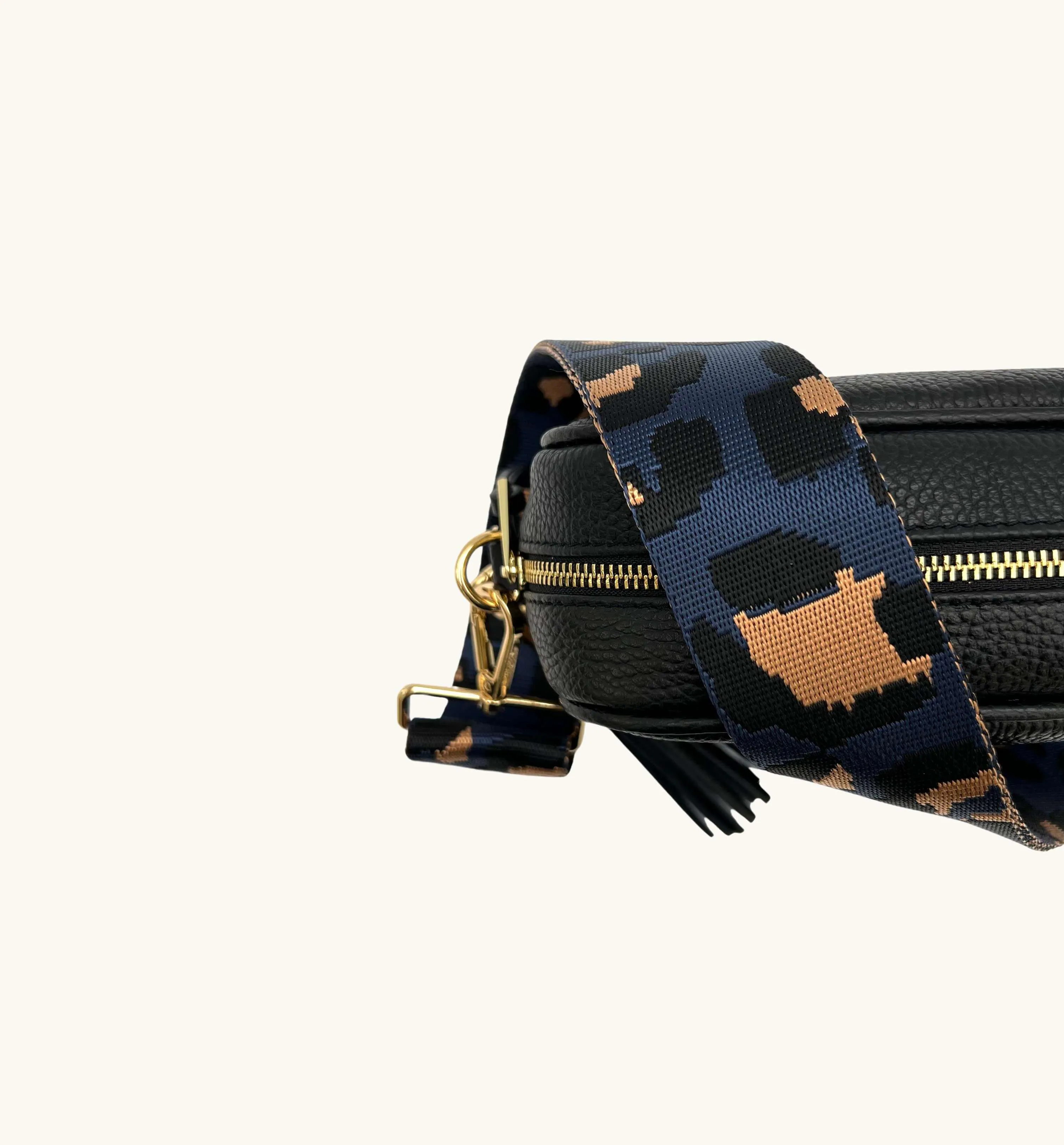 The Tassel Black Leather Crossbody Bag With Navy Leopard Strap