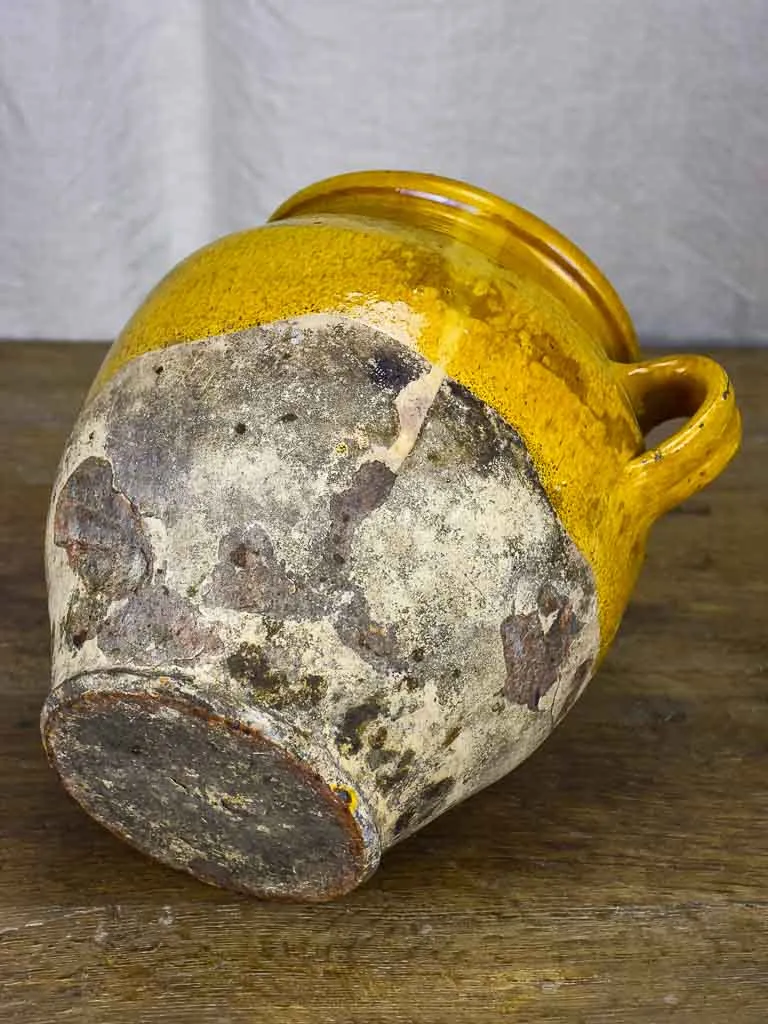 Timeworn antique French confit pot with yellow glaze 10¾"