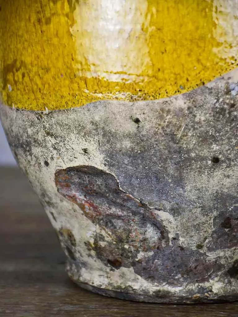 Timeworn antique French confit pot with yellow glaze 10¾"