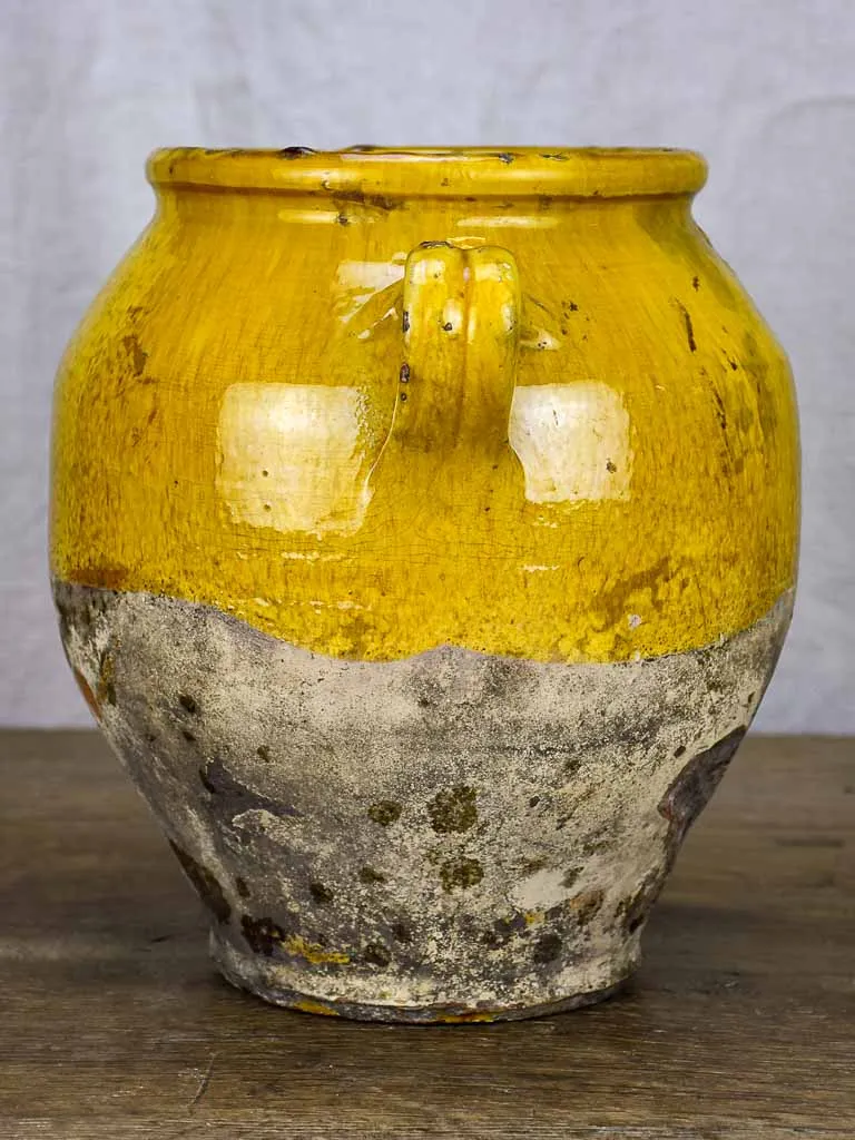 Timeworn antique French confit pot with yellow glaze 10¾"