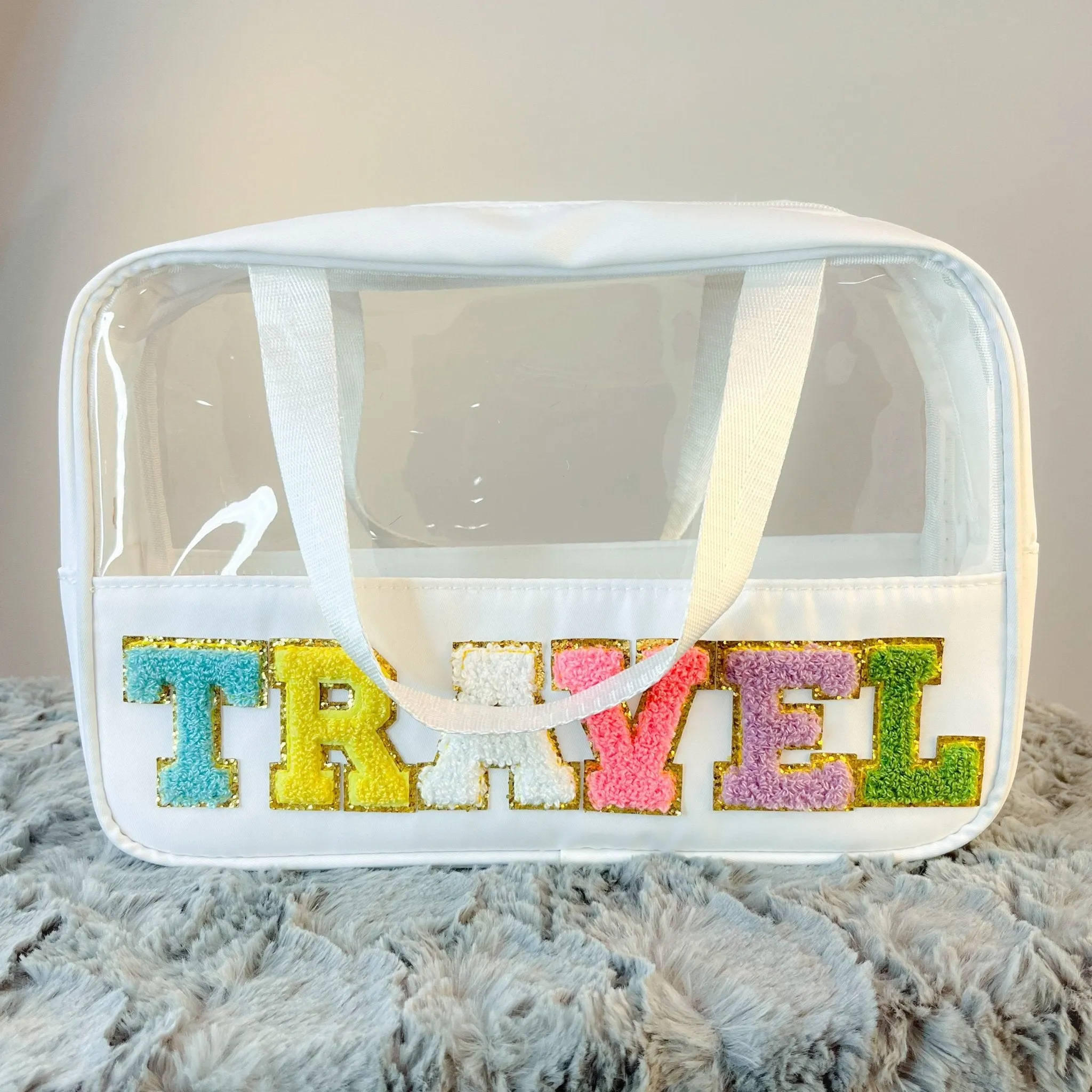 Travel Clear Bag with Chenille Letters